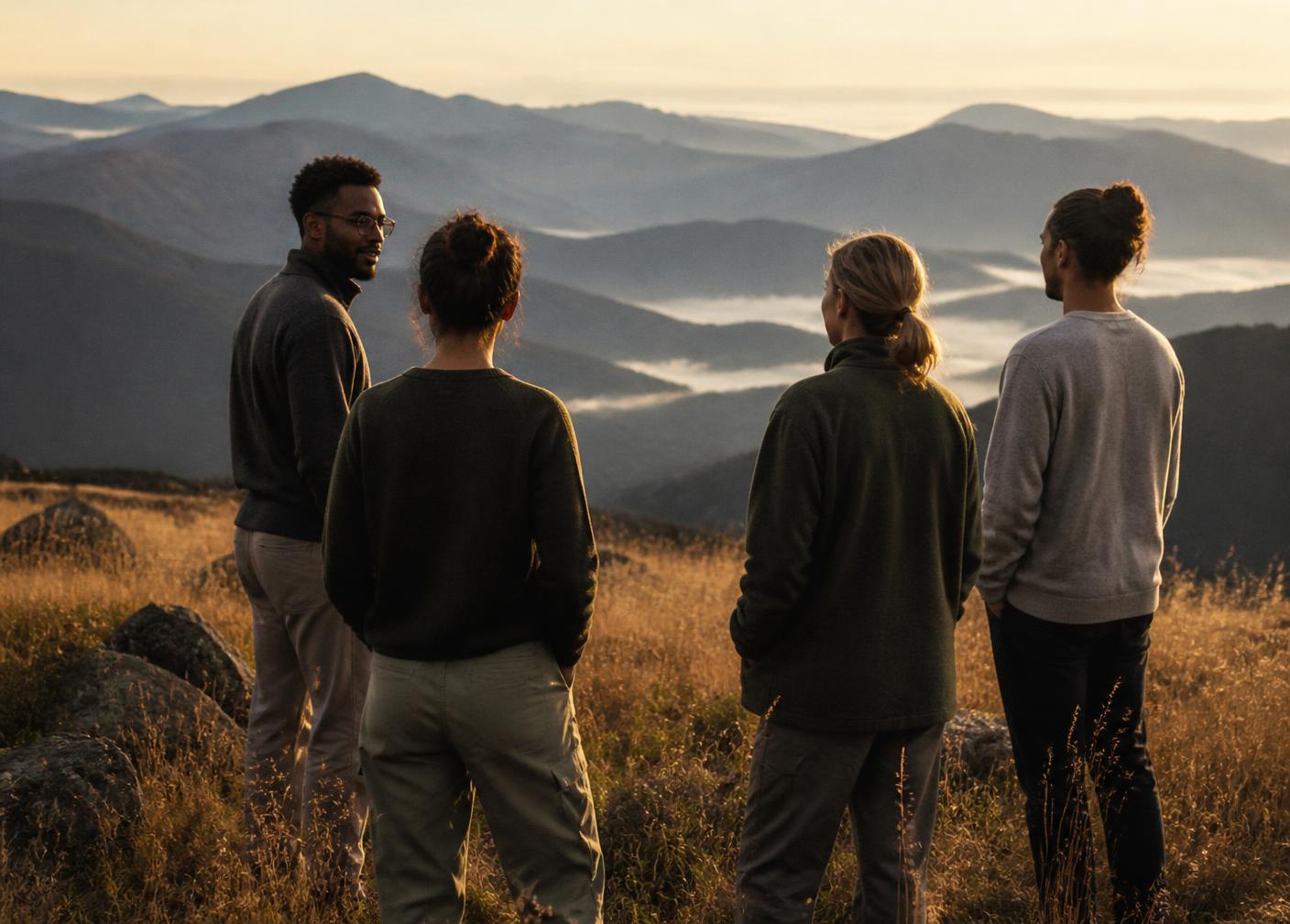 A small diverse group standing together on a mountain ridge at golden hour, looking out over layered valleys
